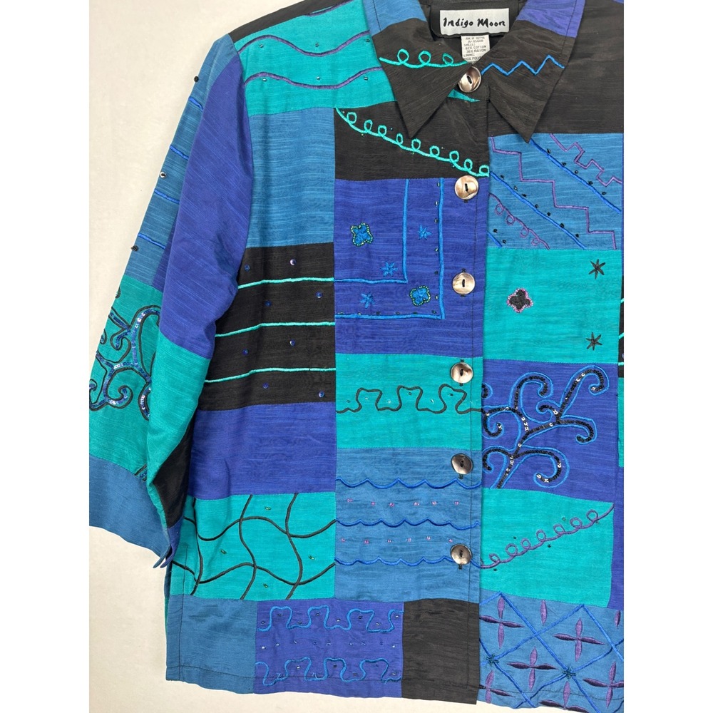 Indigo Moon Patchwork Blazer Jacket Womens M Embroidered Beaded Button Front